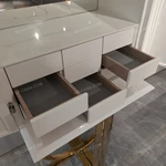 Tall Four-Door Sideboard with Multicolor Faceted Geometric Panels Nine Internal Drawers and Gold-Tone High-Gloss Stainless Steel Circular Base